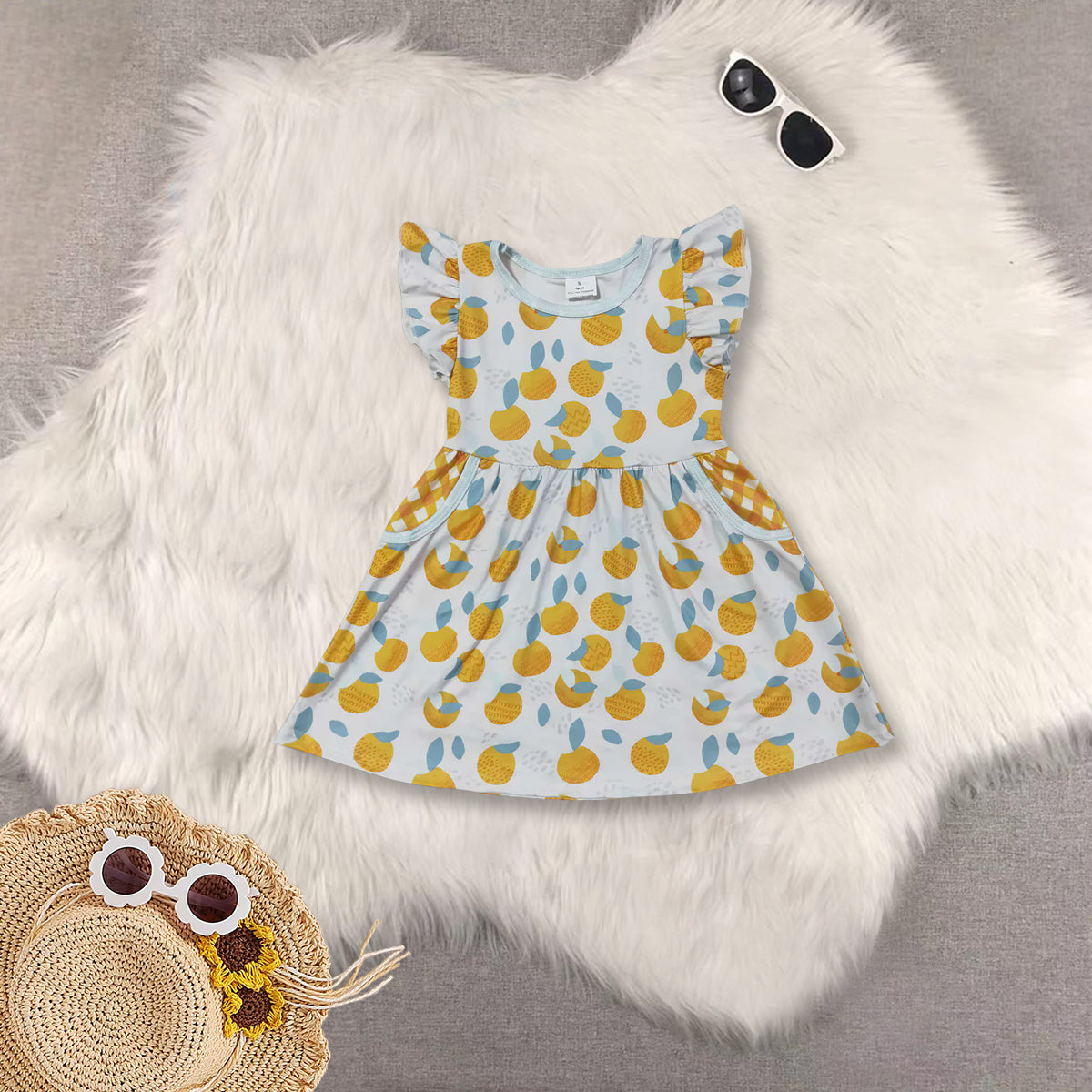 RTS Sibling baby girls clothes orange fruit flying sleeve shorts sets and dress and rompers