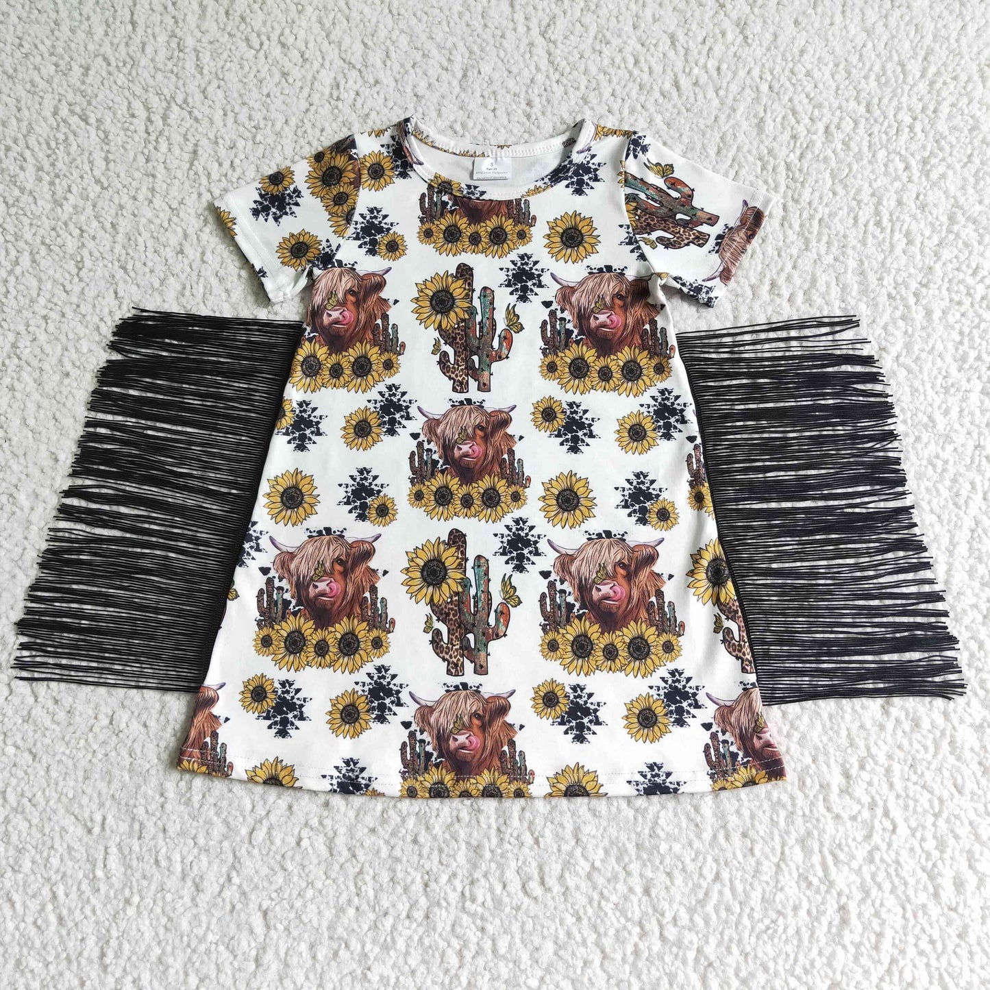 RTS NO MOQ ETA 5/7days arrived GSD0084 Girls Alpine Cow Cactus Sunflower Tassel Short Sleeve Dress