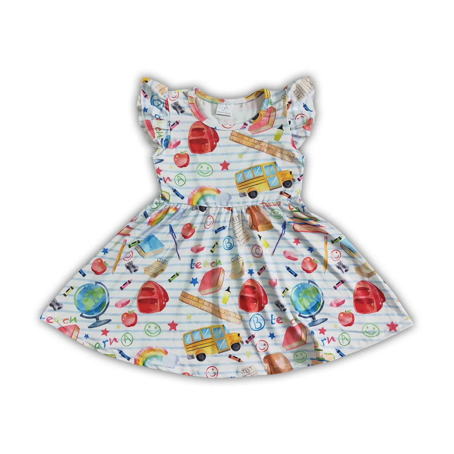 RTS NO MOQ Sibling milk silk Baby Girls Apple Bow Back To School Flutter Sleeve Knee Length Dress
