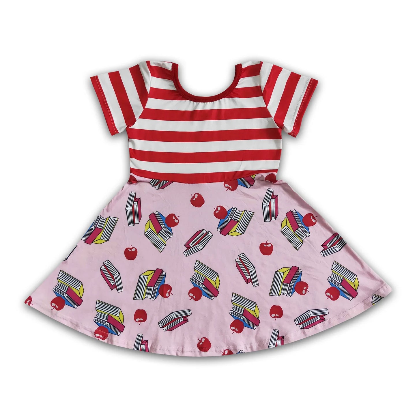 RTS NO MOQ Sibling milk silk Baby Girls Apple Pencil Print Short Sleeve Back To School Knee Length Dress