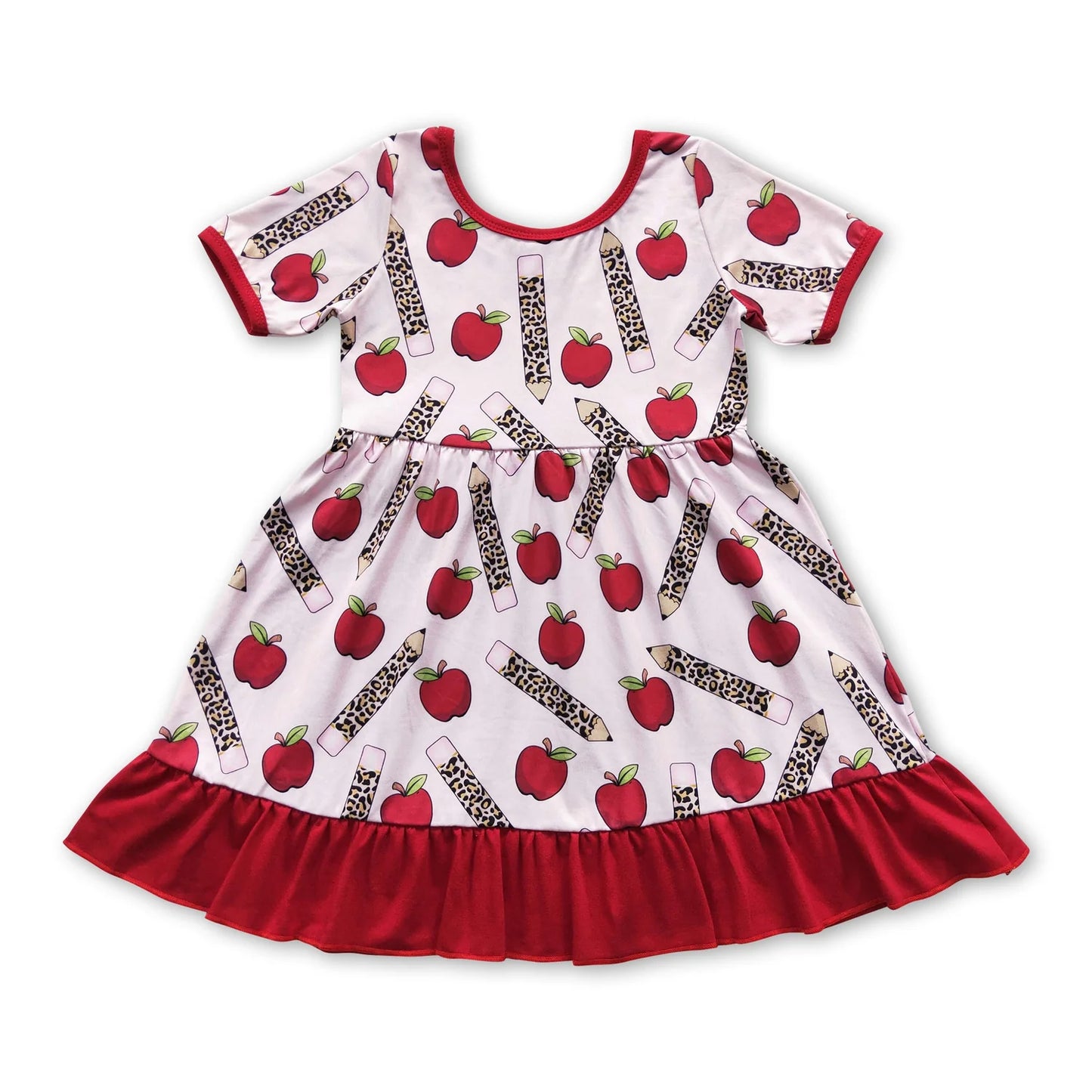 RTS NO MOQ Sibling milk silk Baby Girls Apple Pencil Print Short Sleeve Back To School Knee Length Dress
