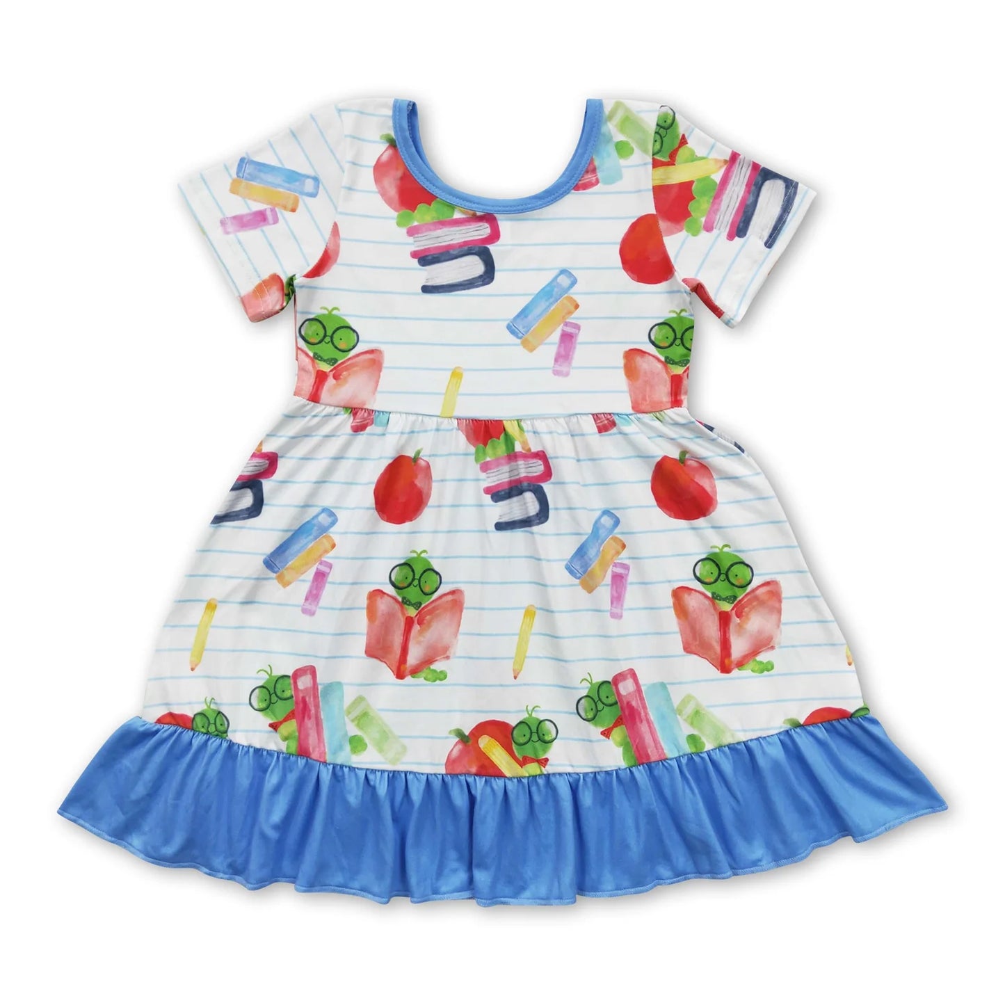 RTS NO MOQ Sibling milk silk Baby Girls Apple Pencil Print Short Sleeve Back To School Knee Length Dress