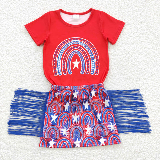 SALES NEW Little Girls Cute Rainbow Print 4th Of July Tassel Skirt Set