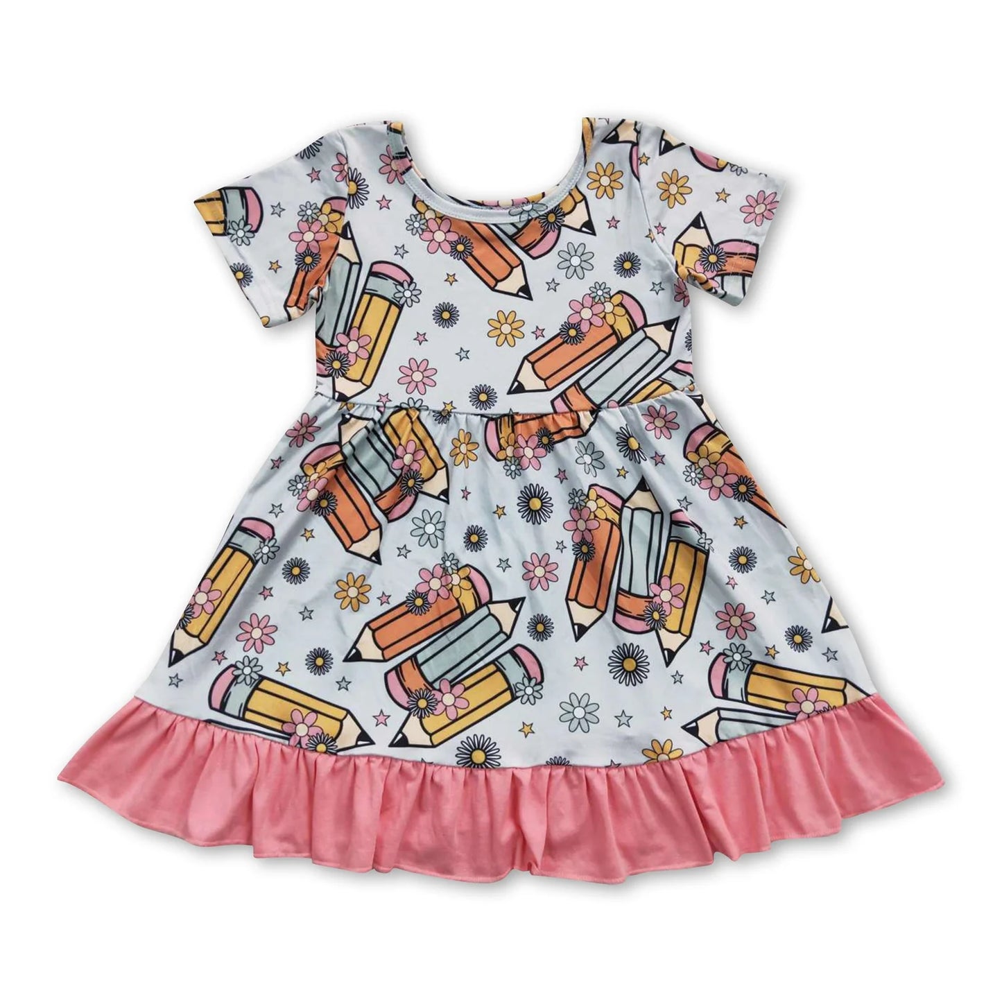 RTS NO MOQ Sibling milk silk Baby Girls Apple Pencil Print Short Sleeve Back To School Knee Length Dress