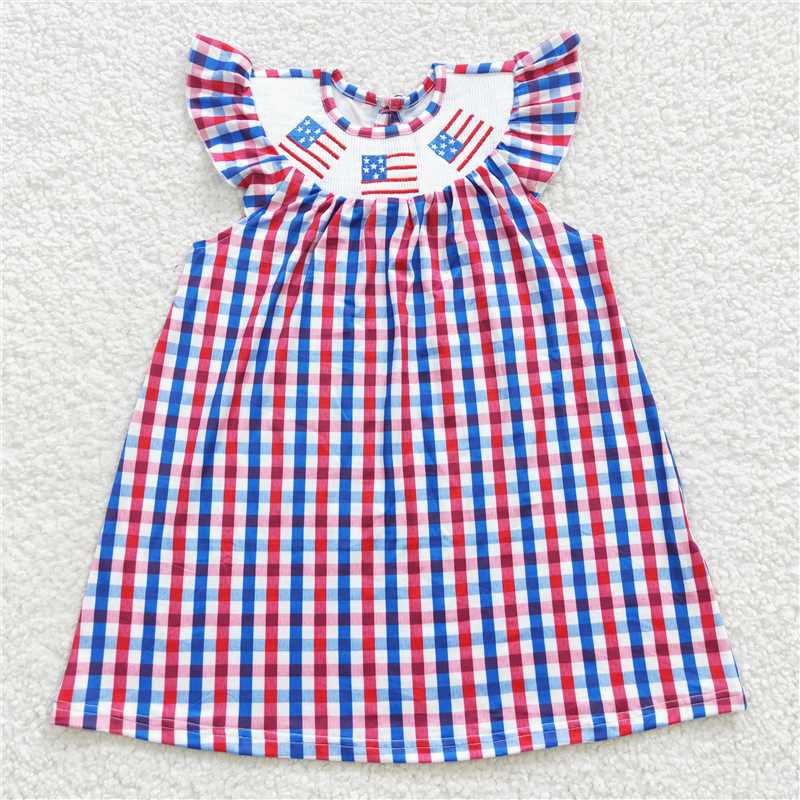 RTS NO MOQ baby girl clothes embroidery 4th of july flag flying-sleeved romper dress