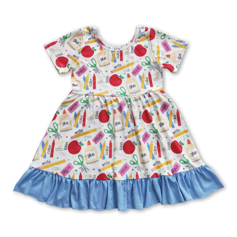 RTS NO MOQ Sibling milk silk Baby Boys Light Blue Short Sleeve Tee And Elastic Waist Shorts Back To School Clothes Set Ruffle Dresses(2T-14-16T）