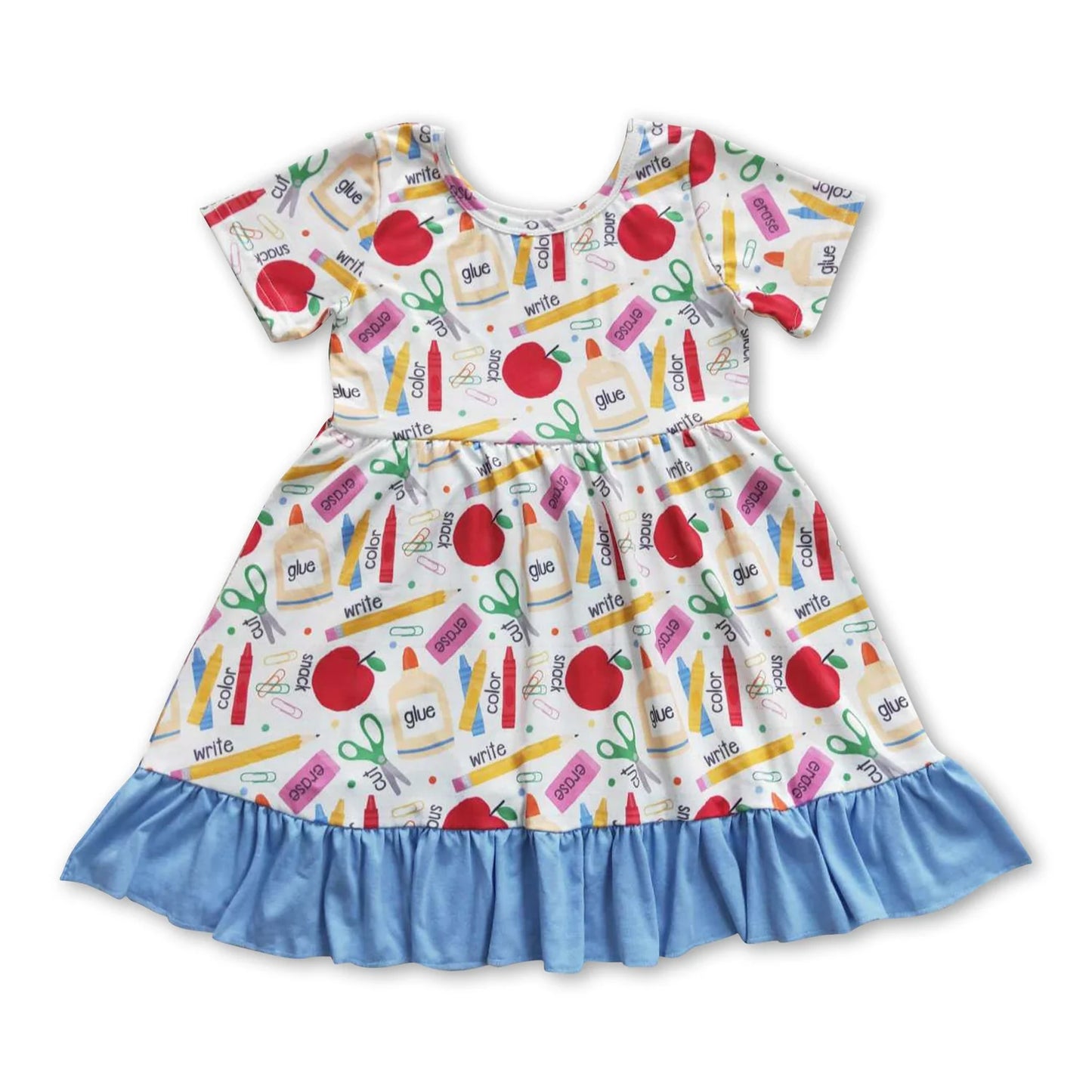 RTS NO MOQ Sibling milk silk Baby Girls Apple Pencil Print Short Sleeve Back To School Knee Length Dress