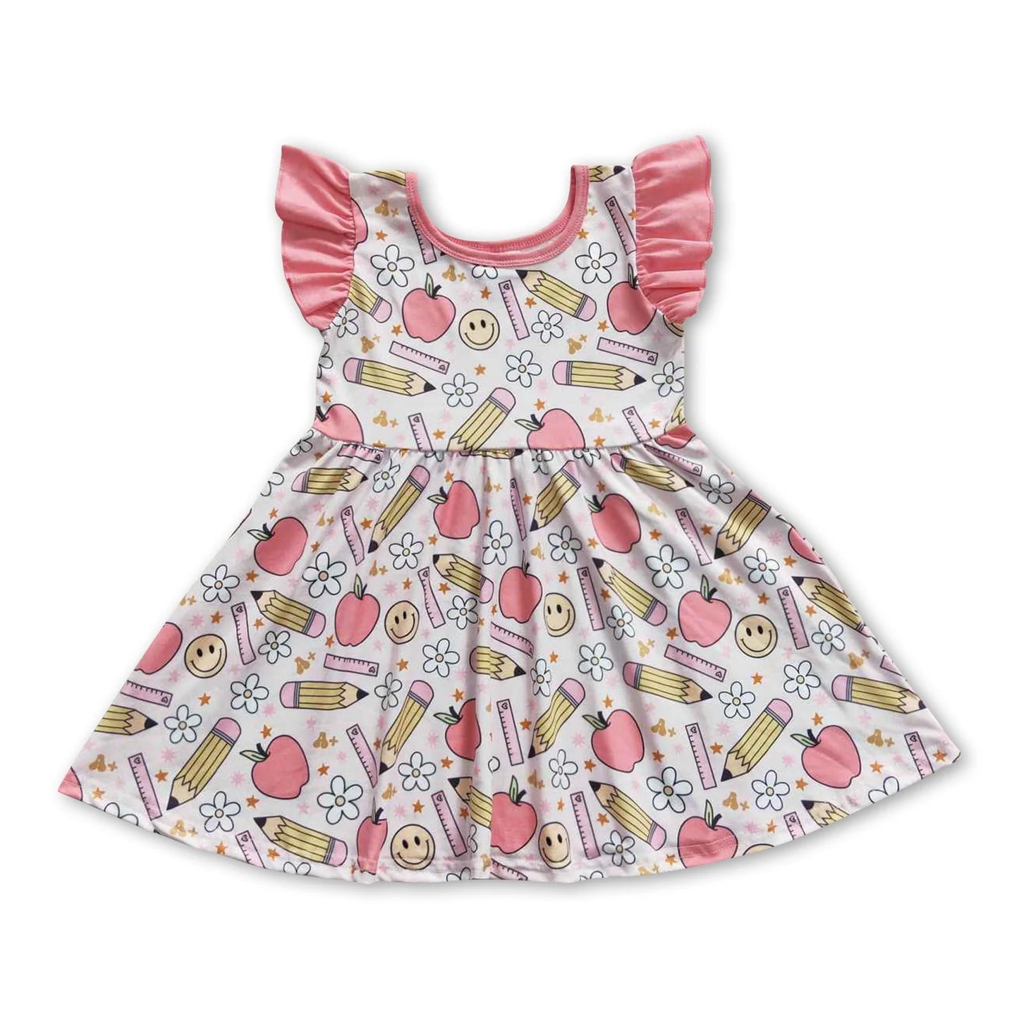 RTS NO MOQ Sibling milk silk Baby Girls Apple Bow Back To School Flutter Sleeve Knee Length Dress