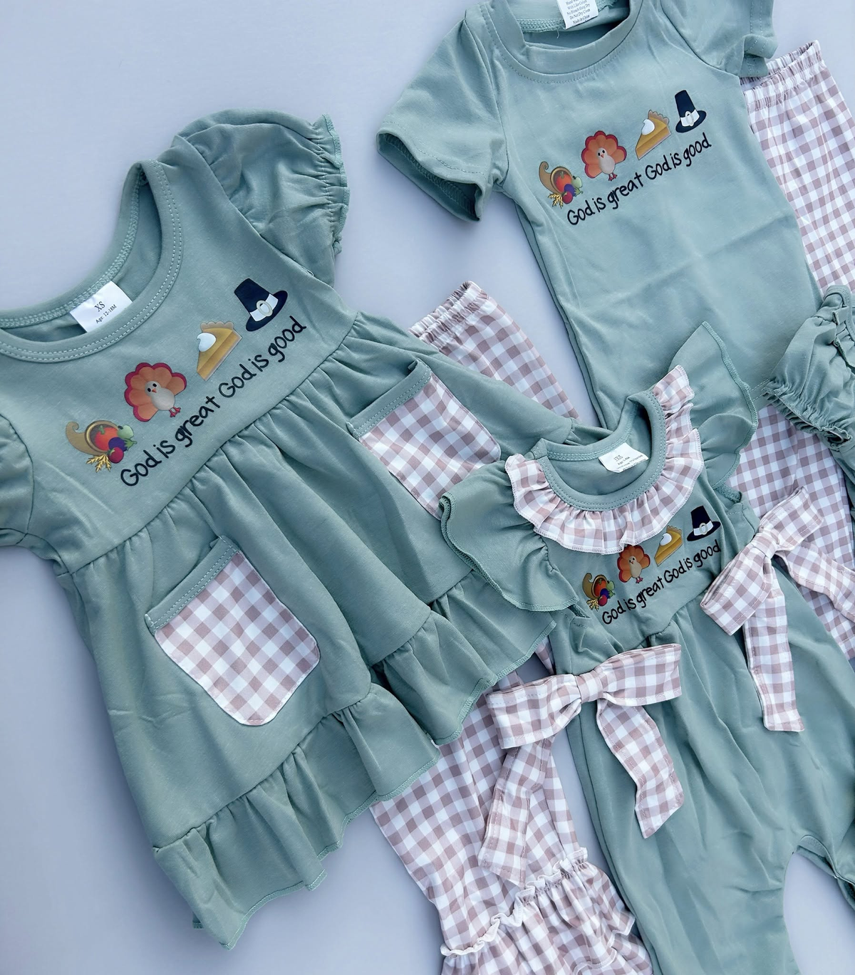 RTS Sibling baby boy girl clothes cotton fabric with viny  god is great offset turkey pocket green short god is great offset turkey plaid bow green short-sleeved jumpsuit