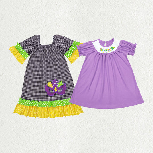 RTS NO MOQ Sibling baby girl clothes embroidered carnival mask purple and white plaid short-sleeved dresses