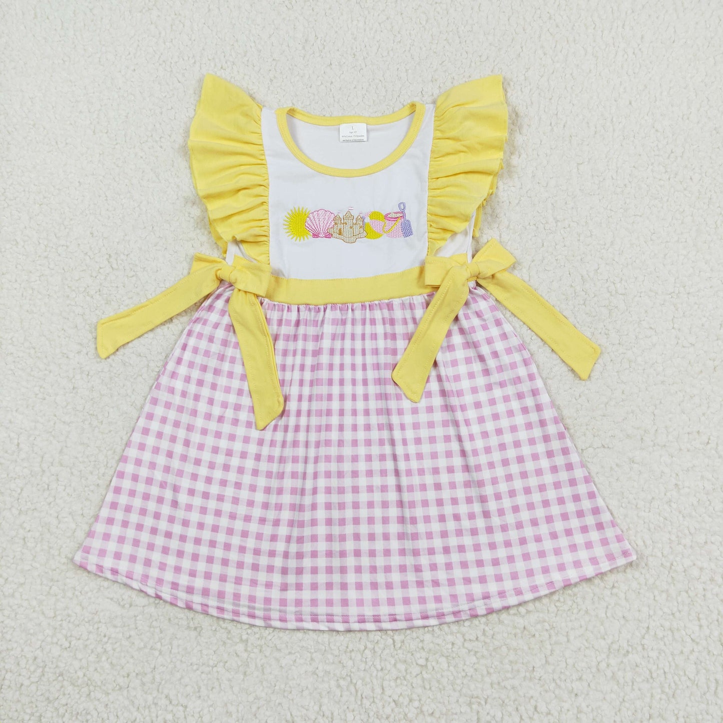 RTS no moq GSD0600 Embroidered shell Dream beach ball pink and white plaid yellow lace bow flying sleeve dress