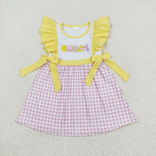RTS no moq GSD0600 Embroidered shell Dream beach ball pink and white plaid yellow lace bow flying sleeve dress