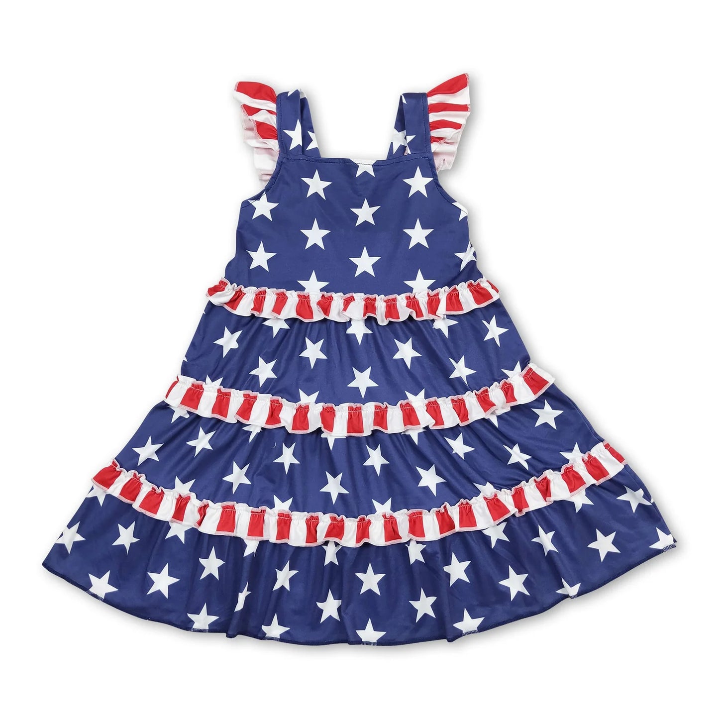RTS NO MOQ Sibling milk silk Baby Boys And Girls Blue Short Sleeves Star Print Shirt Red Stripe Shorts Set Rompers Dresses 4th Of July Clothes