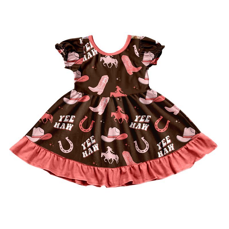 (Preorder new) No moq GSD0748 Baby Girls Cute Western Cowgirl Boots Ruffle Knee Length Dresses