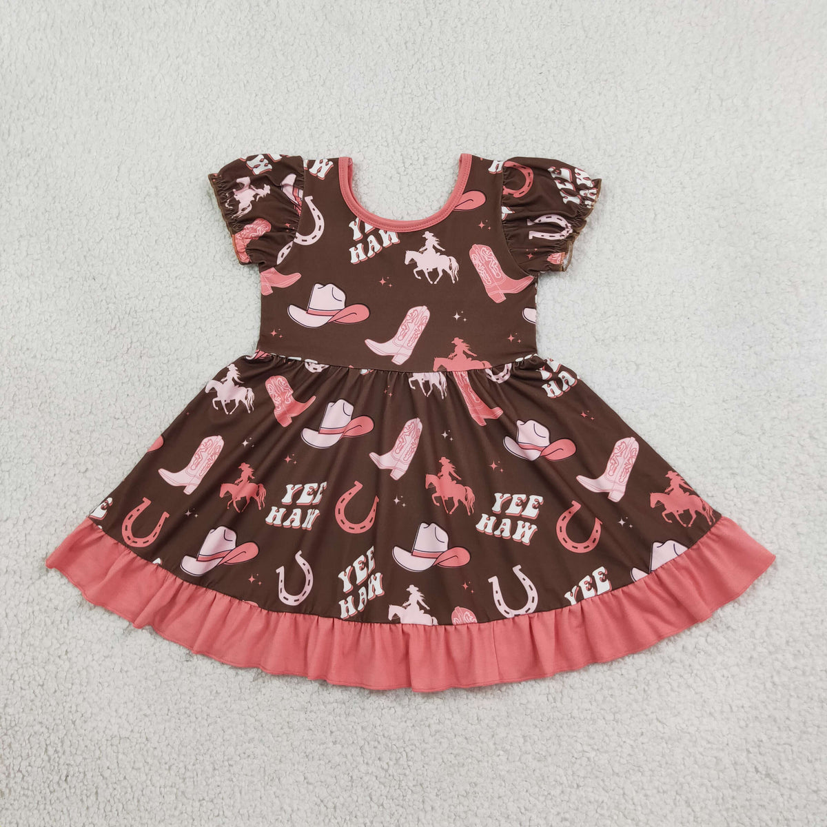 NEW RTS NO MOQ milk silk GSD0748 Baby Girls Cute Western Cowgirl Boots Ruffle Knee Length Casual Dresses