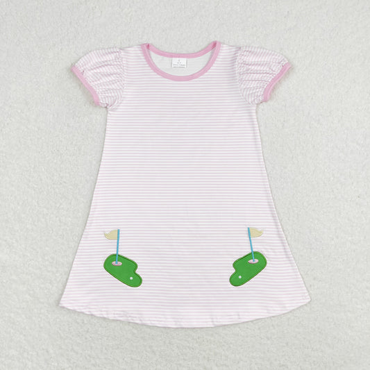 RTS NO MOQ（In Stock) Embroidered golf stripe pink short-sleeved dress