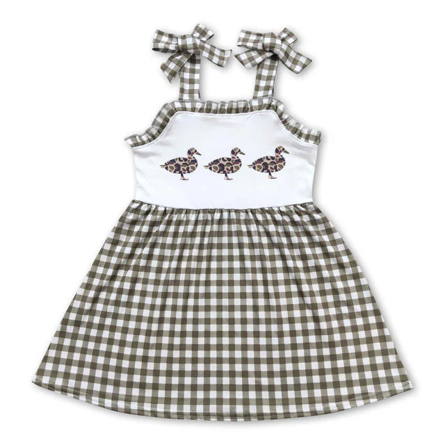 RTS NO MOQ Sibling milk silk Baby Girls Cute Checkered Straps Hem Ruffle Knee Length Dress