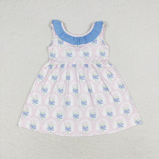 RTS no moq GSD0909 Pink flower blue lace bow sleeveless dress