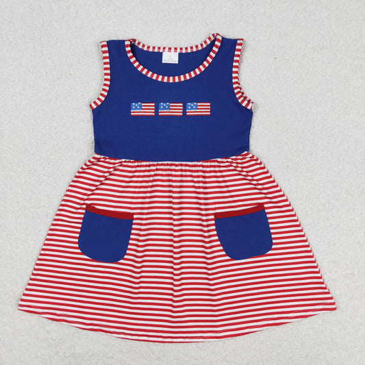 RTS NO MOQ（In Stock) Embroidered flag red and white striped navy blue pocket sleeveless dress