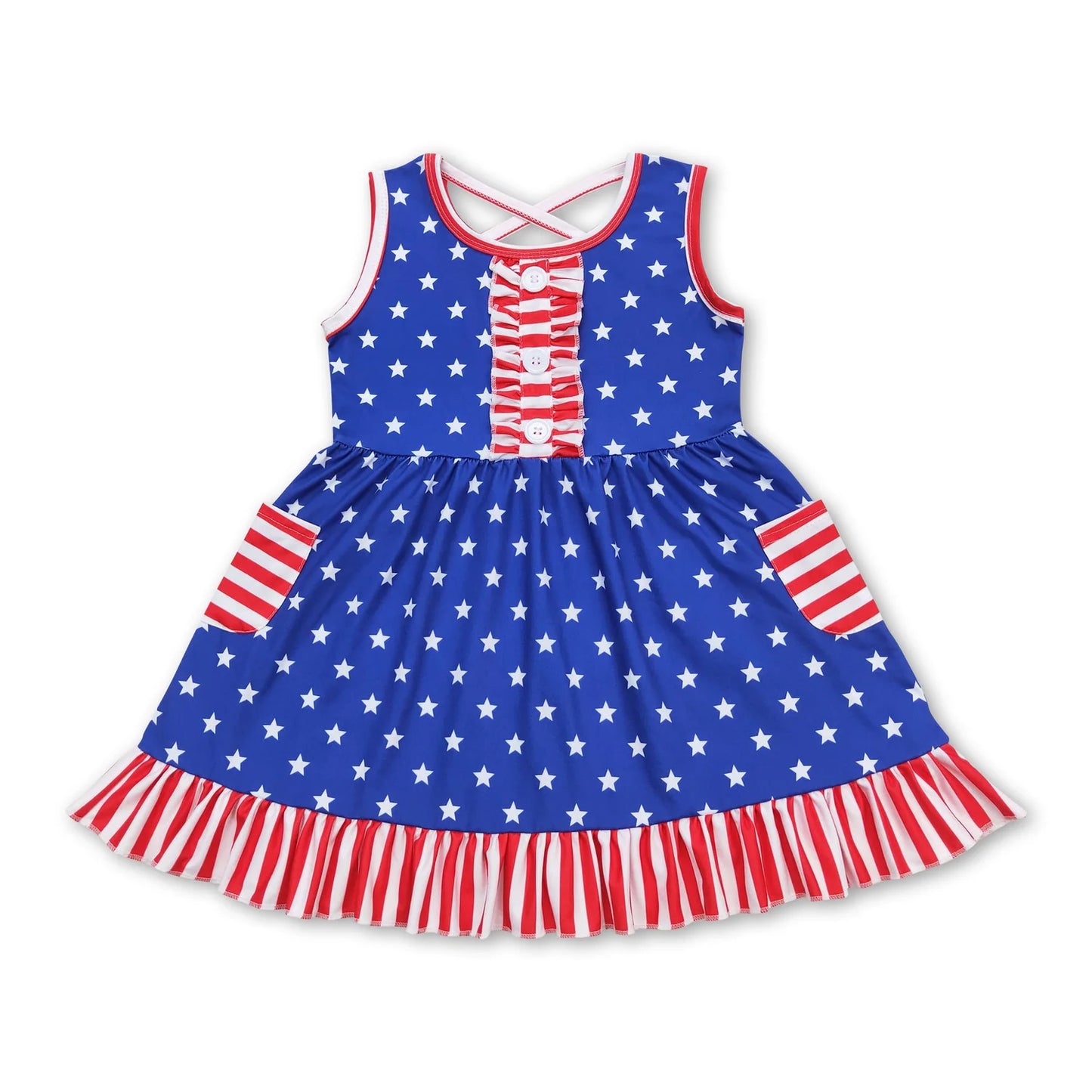 RTS NO MOQ Sibling milk silk Baby Boys And Girls Blue Short Sleeves Star Print Shirt Red Stripe Shorts Set Rompers Dresses 4th Of July Clothes