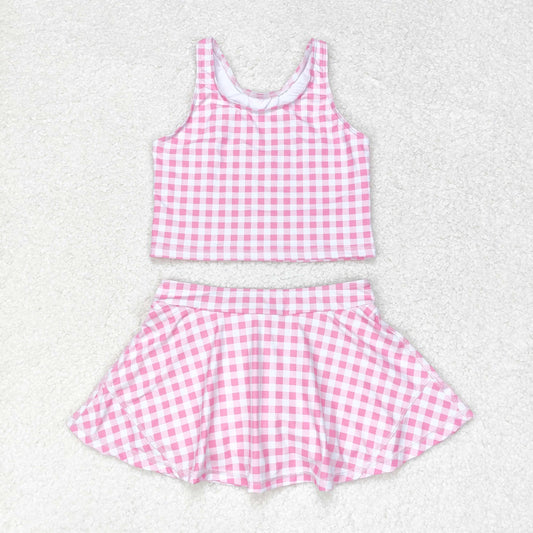 rts no moq GSD0992 Pink and white plaid sleeveless skirt suit