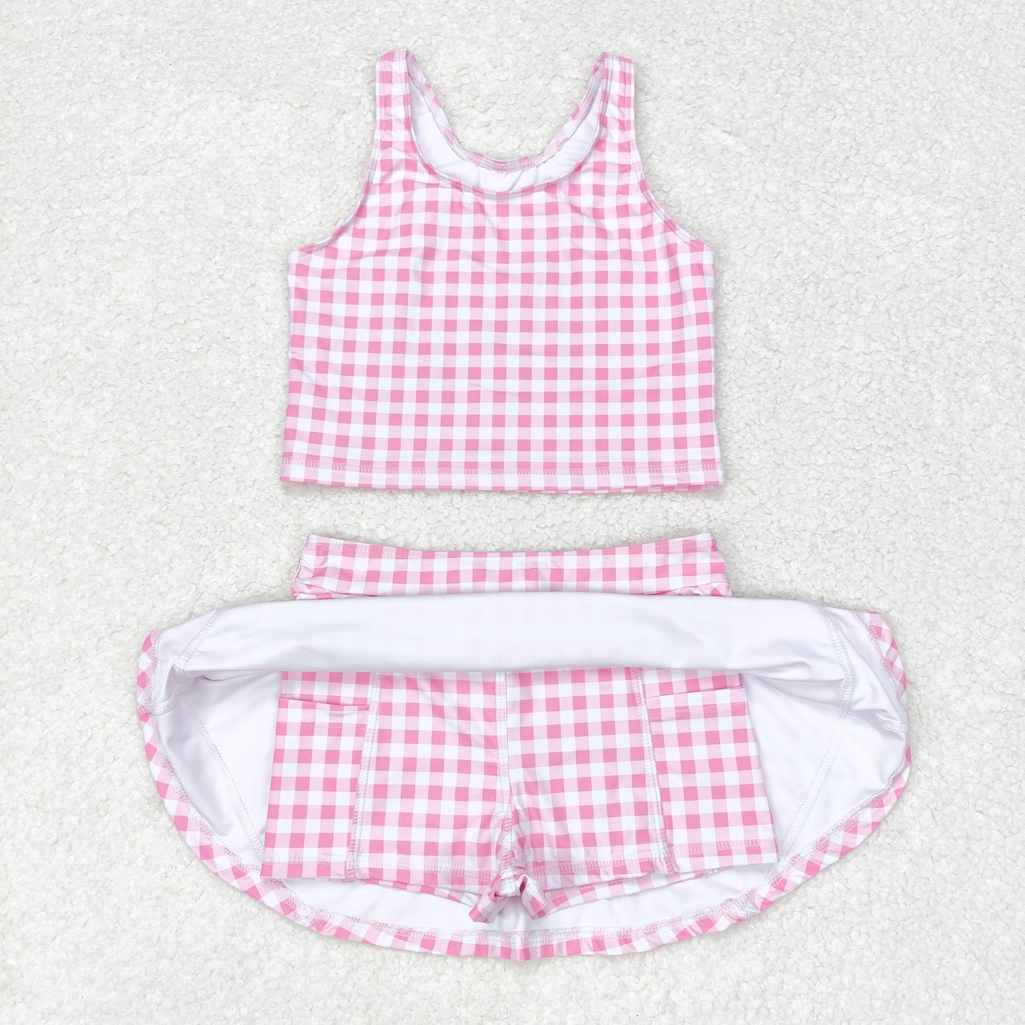 rts no moq GSD0992 Pink and white plaid sleeveless skirt suit