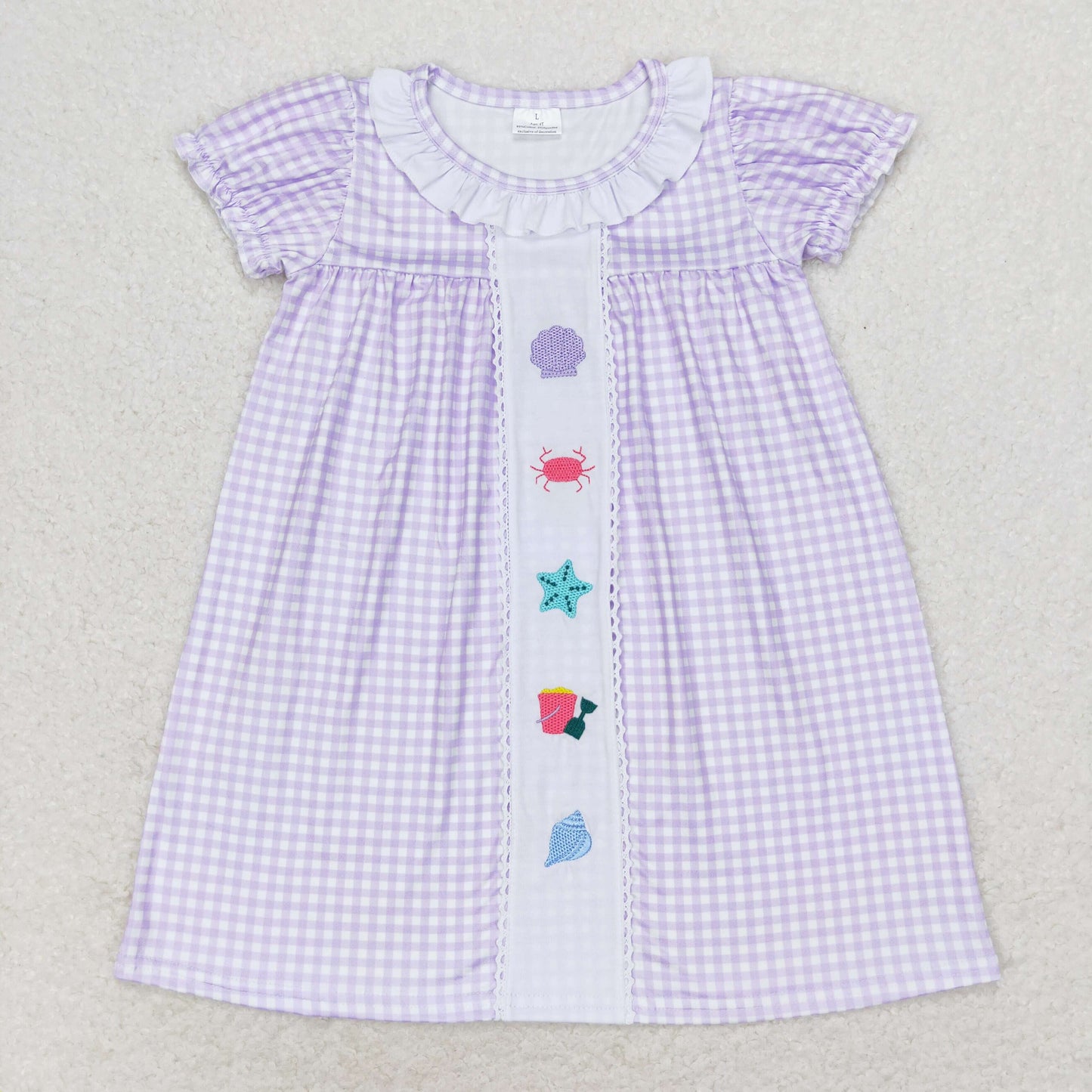 RTS no moq GSD1021 Embroidered shell crab starfish plaid lace short sleeve dress