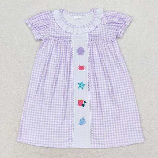 RTS no moq GSD1021 Embroidered shell crab starfish plaid lace short sleeve dress