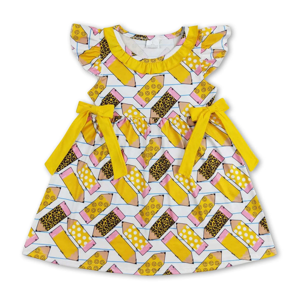 RTS NO MOQ Sibling milk silk Baby Girls Apple Bow Back To School Flutter Sleeve Knee Length Dress(2T-14-16T）