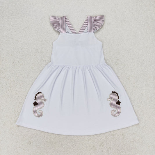 RTS no moq GSD1111 Embroidered seahorse striped flying sleeve white dress