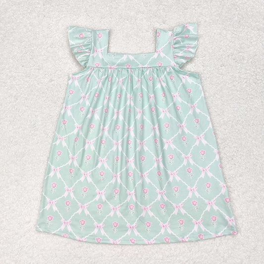 RTS no moq GSD1112 Flower bow green flying sleeve dress