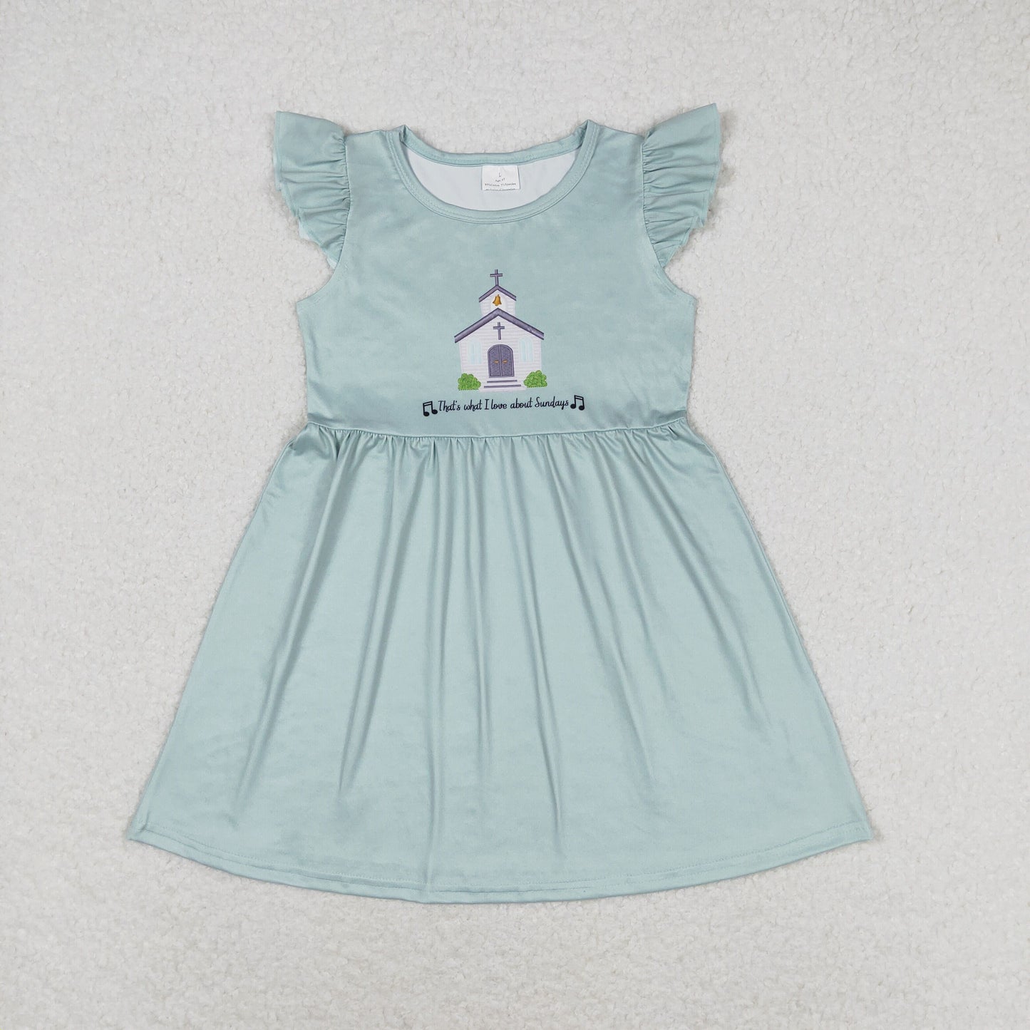RTS NO MOQ（In Stock) Church Letters Turquoise Flying Sleeve Dress