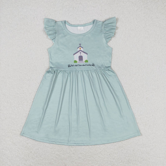RTS NO MOQ（In Stock) Church Letters Turquoise Flying Sleeve Dress
