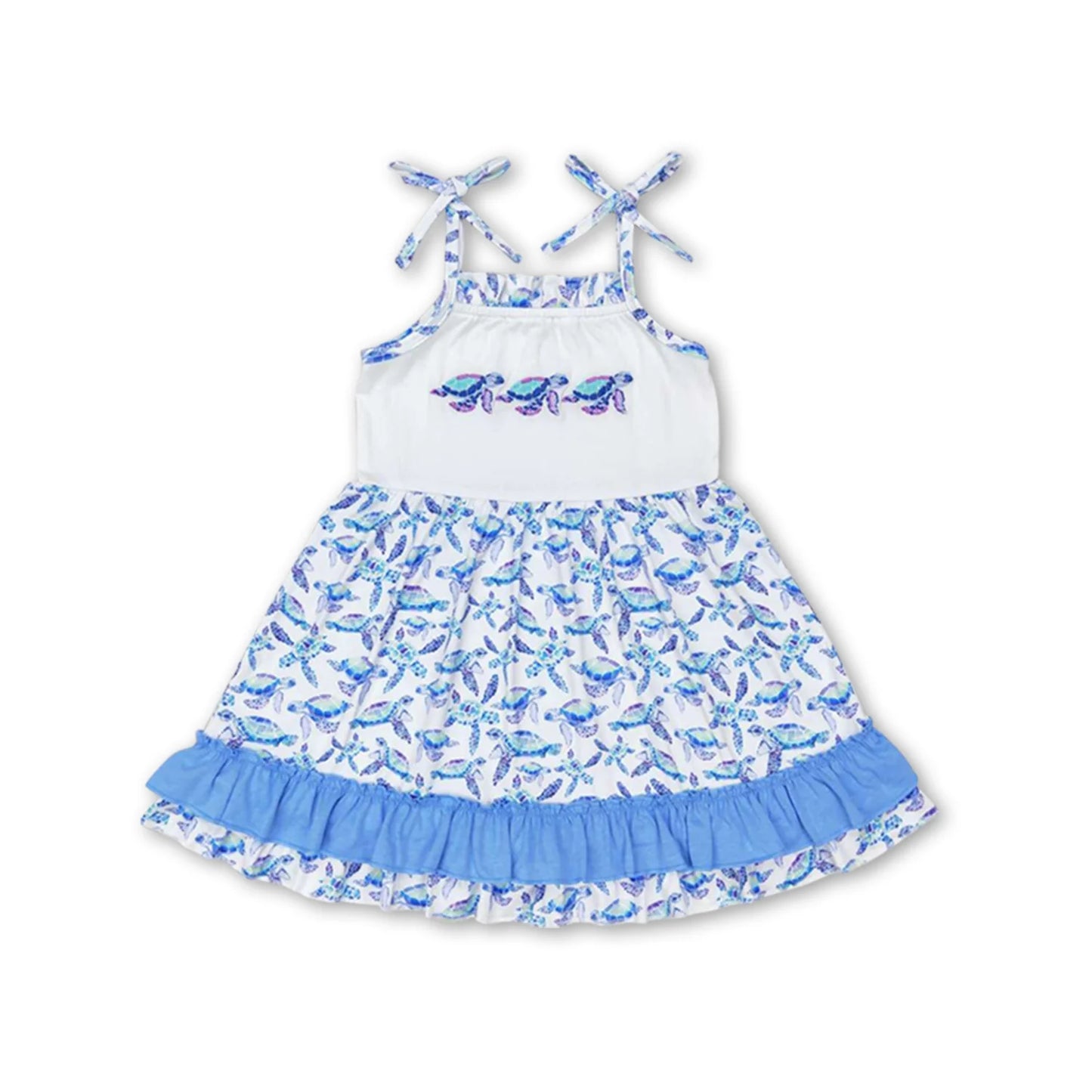 RTS NO MOQ Sibling milk silk Baby Boys And Girls Blue Turtles Tee Shirts Tops Shorts Clothes Sets Dress Rompers