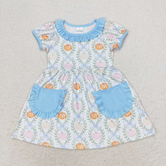 RTS no moq GSD1269 Pumpkin leaf blue lace pocket short-sleeved dress