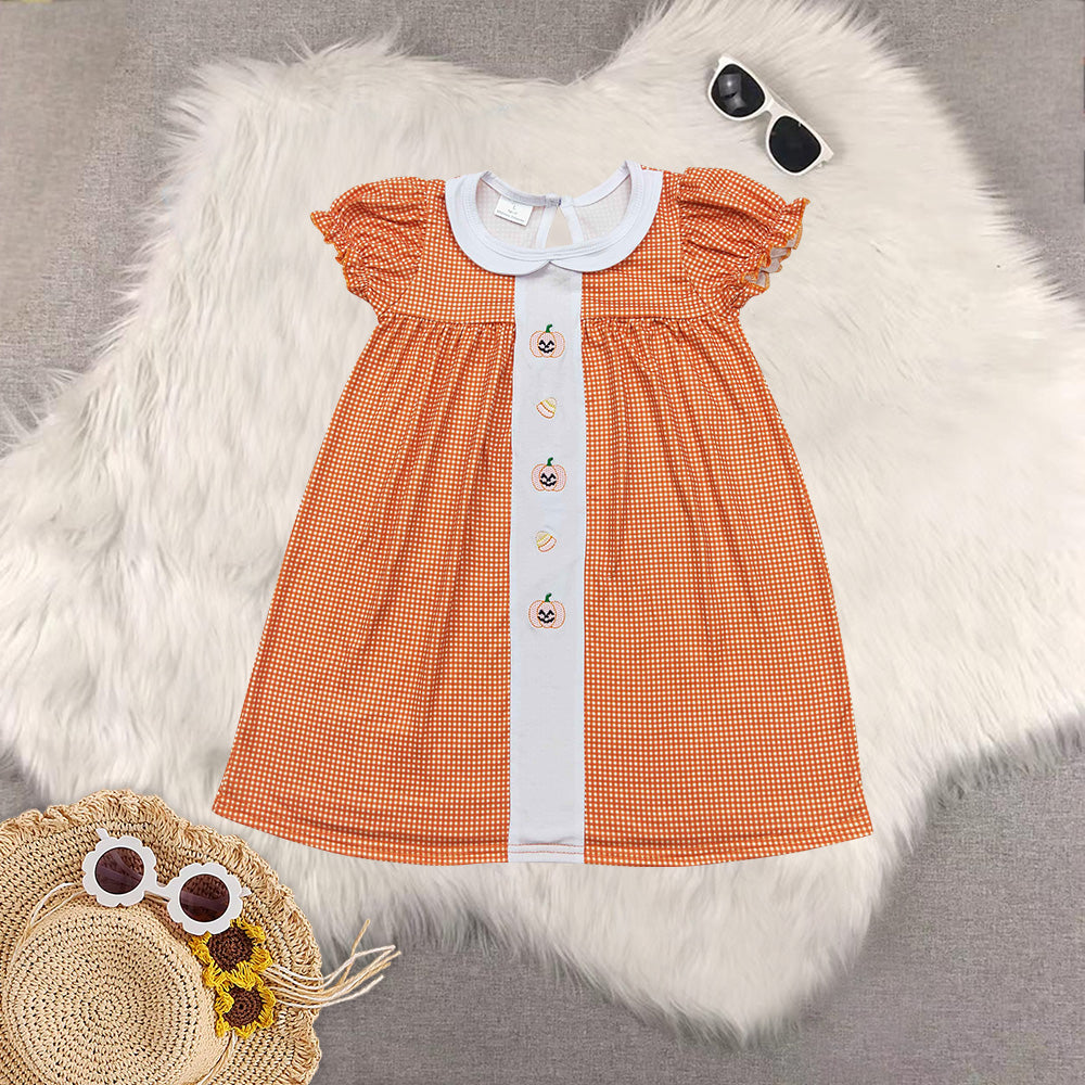 RTS Sibling Boys and girls Embroidered halloween pumpkin Short Sleeve dress rompers