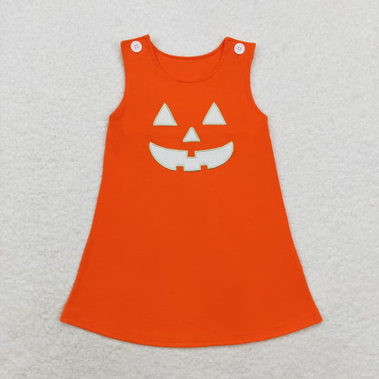 RTS no moq GSD1376 Embroidered Halloween Smiley Face Orange Sleeveless Dress