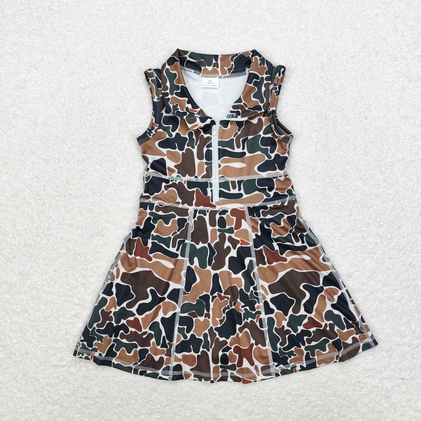 RTS NO MOQ Sibling baby girl clothes Military green camouflage zipper yoga sleeveless dresses
