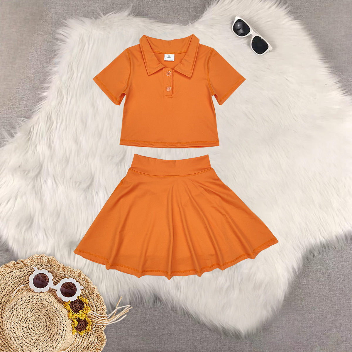 RTS NO MOQ Sibling baby girl clothes orange sleeveless skirt yoga set and yoga dress