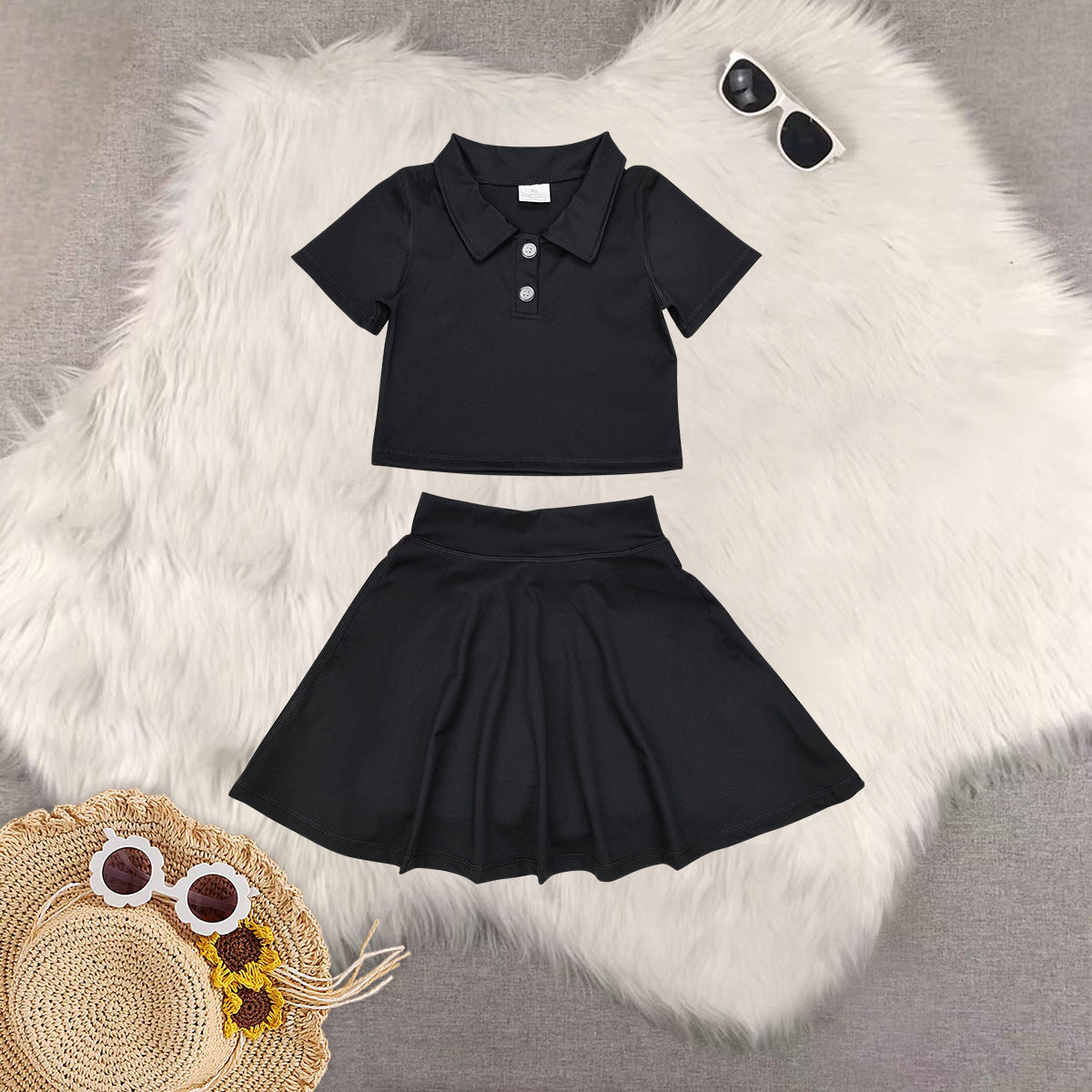 RTS NO MOQ Sibling baby girl clothes black sleeveless skirt yoga set and yoga dresses