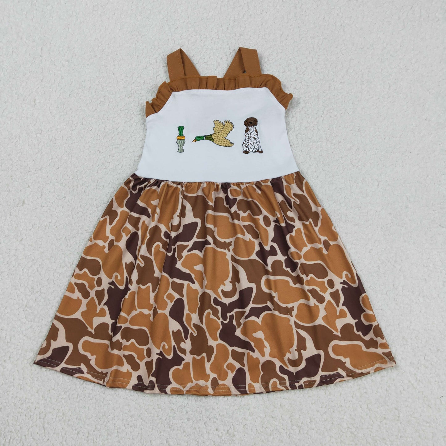 RTS NO MOQ GSD1518 Baby Girls Camo Knee-Length Dress with Strap Embroidery Duck Dogs