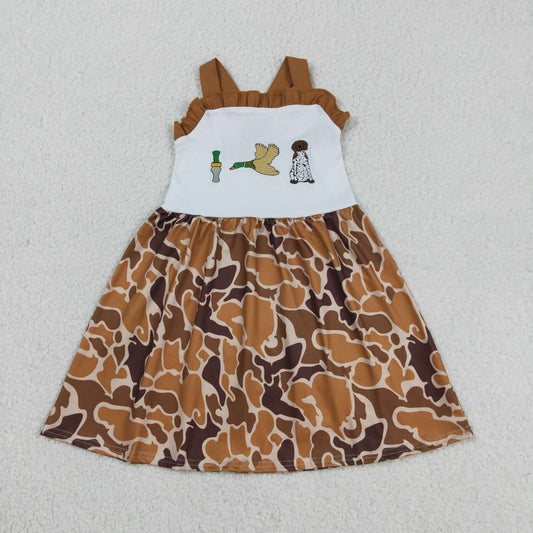 RTS NO MOQ GSD1518 Baby Girls Camo Knee-Length Dress with Strap Embroidery Duck Dogs