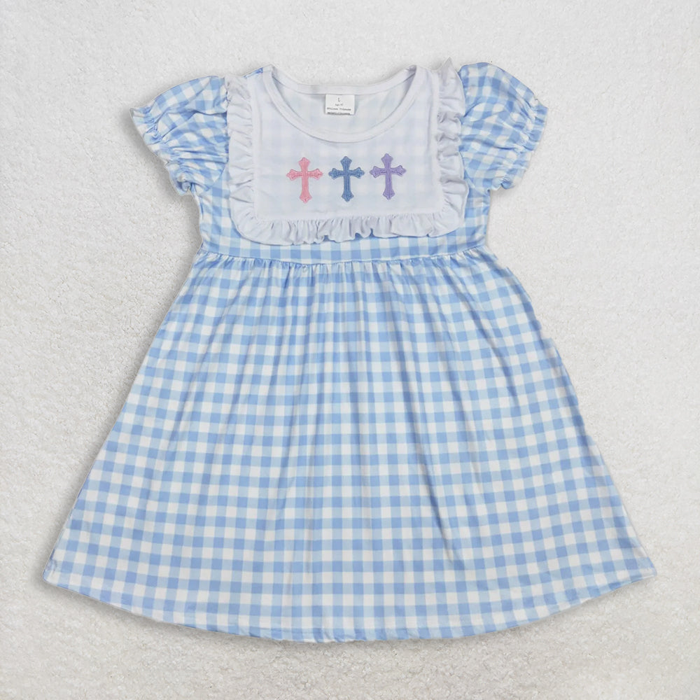 RTS NO MOQ Sibling Baby Embroidery Baby Girls Knee-Length Dress Easter Blue Checkered Cross Rompers for Spring