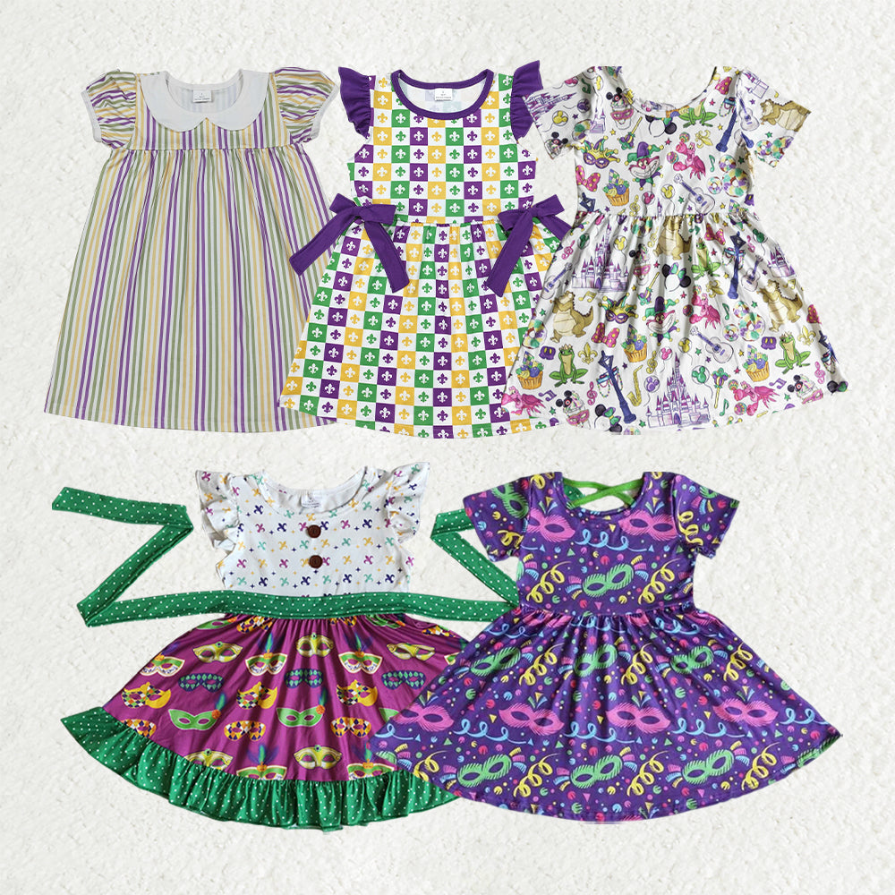 RTS NO MOQ Sibling baby girl clothes carnival mask purple and white plaid short-sleeved dresses