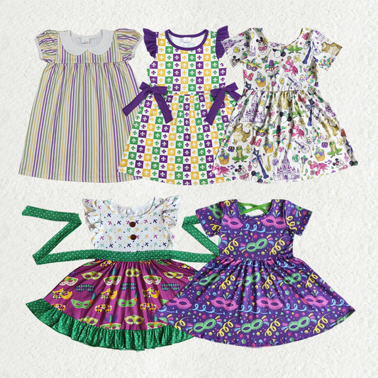 RTS NO MOQ Sibling baby girl clothes carnival mask purple and white plaid short-sleeved dresses