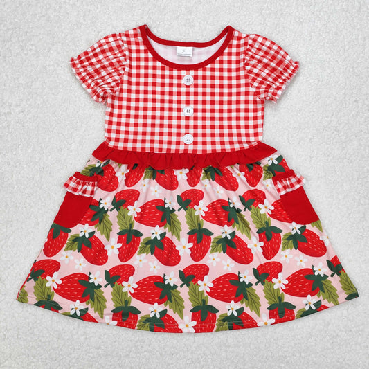 RTS NO MOQ ETA 5/7days Arrived GSD1612 Strawberry flower leaf pocket red plaid short-sleeved dress