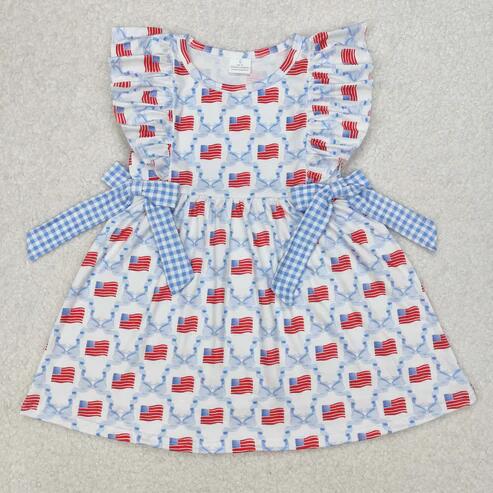RTS NO MOQ Sibling Baby Girls 4th of July Ruffle Knee Length Dresses Flutter Sleeve Flags Bows Stars