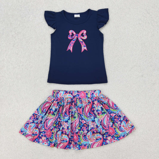 RTS NO MOQ ETA 5/7days Arrived GSD1689 Embroidery flower pattern bow pattern blue flying sleeve pants skirt set
