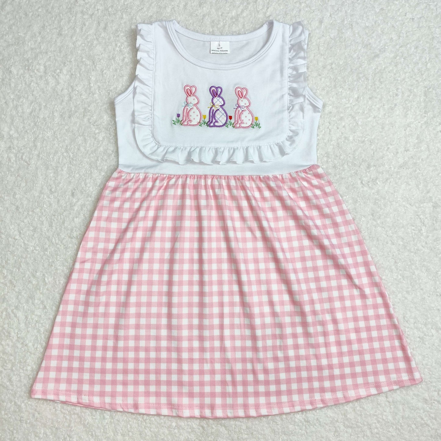 RTS NO MOQ ETA 5/7days Arrived GSD1696 Embroidered Easter bunny flower pink plaid sleeveless dress
