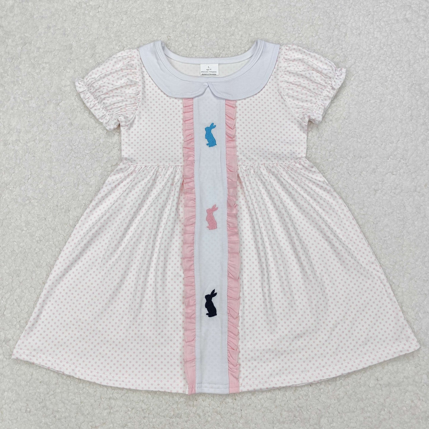 RTS NO MOQ baby girl clothes embroidery rabbit flying-sleeved romper dress